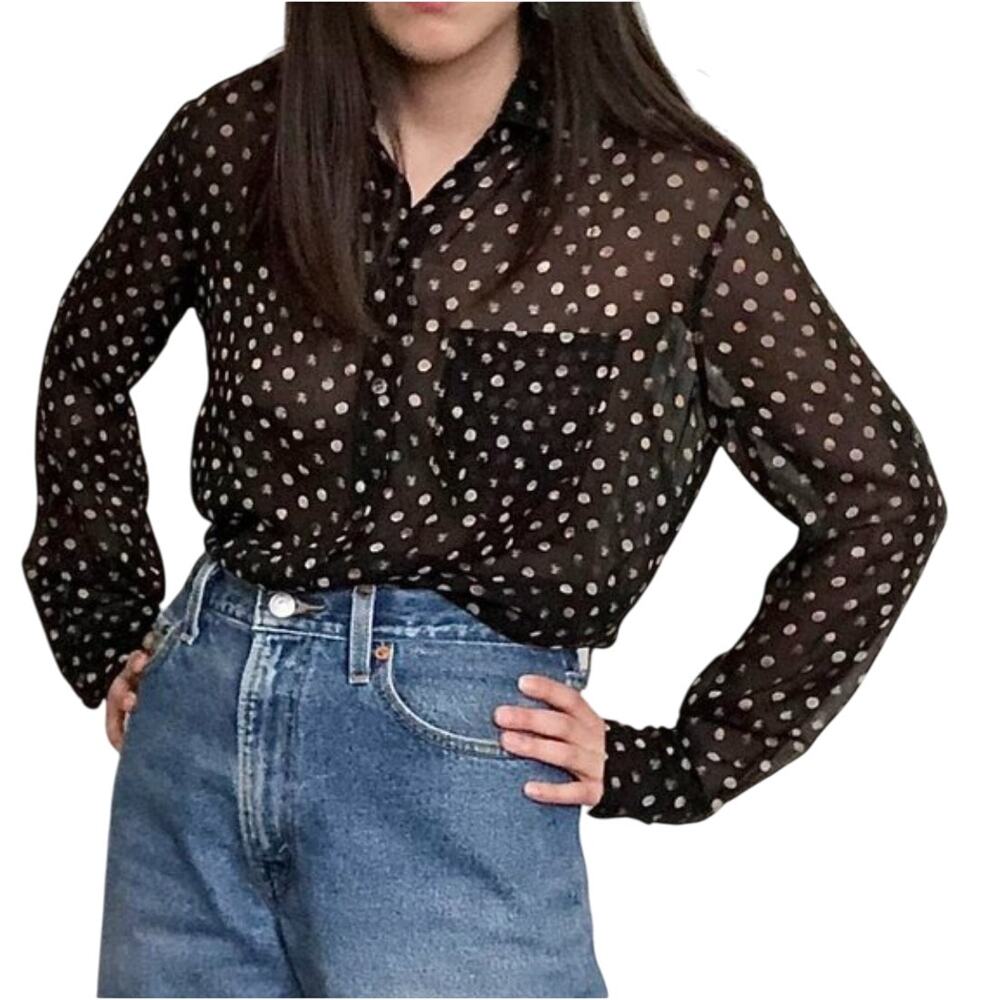 Madewell Broadway & Broome Black Polka Dot Roll Tab Silk Button Down Top XS